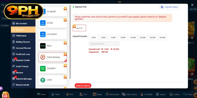 Instructions for quickly 9PH Deposit money into your account